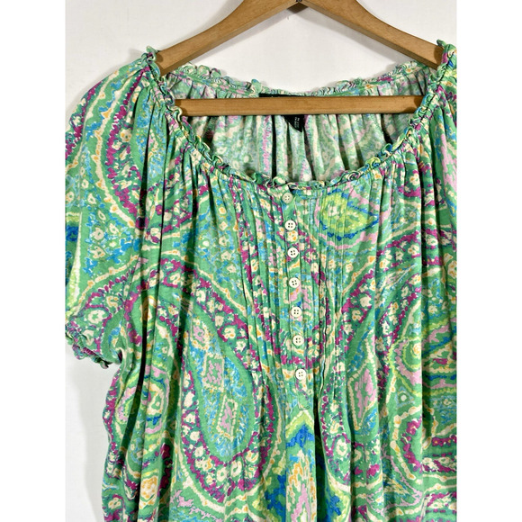 Ralph Lauren Top Size 2X Knit Green Paisley Print Peasant Henley Romantic Boho - Picture 3 of 12